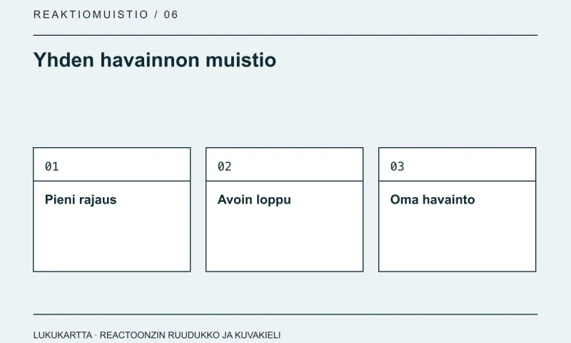 Lukukartta: Yhden havainnon muistio. Pieni rajaus, Avoin loppu, Oma havainto.