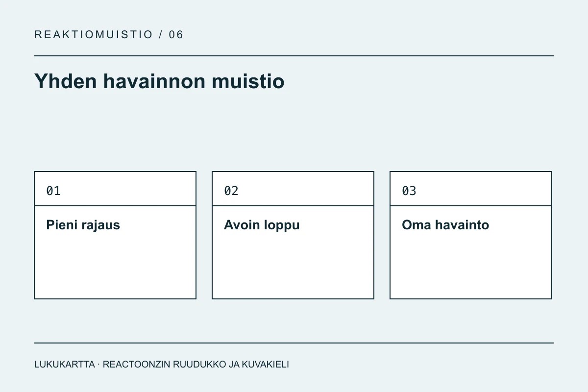 Lukukartta: Yhden havainnon muistio. Pieni rajaus, Avoin loppu, Oma havainto.