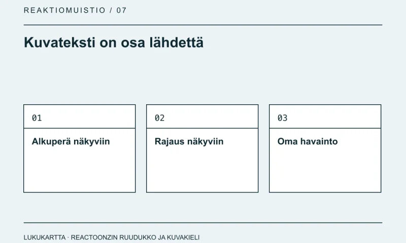 Lukukartta: Kuvateksti on osa lähdettä. Alkuperä näkyviin, Rajaus näkyviin, Oma havainto.