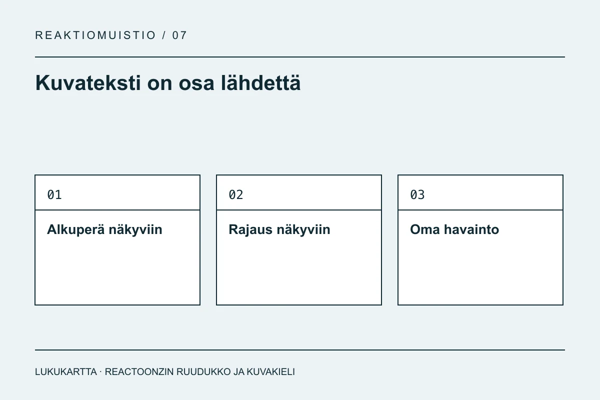 Lukukartta: Kuvateksti on osa lähdettä. Alkuperä näkyviin, Rajaus näkyviin, Oma havainto.